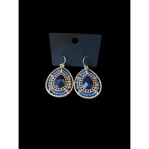 Gold and blue beaded teardrop earrings